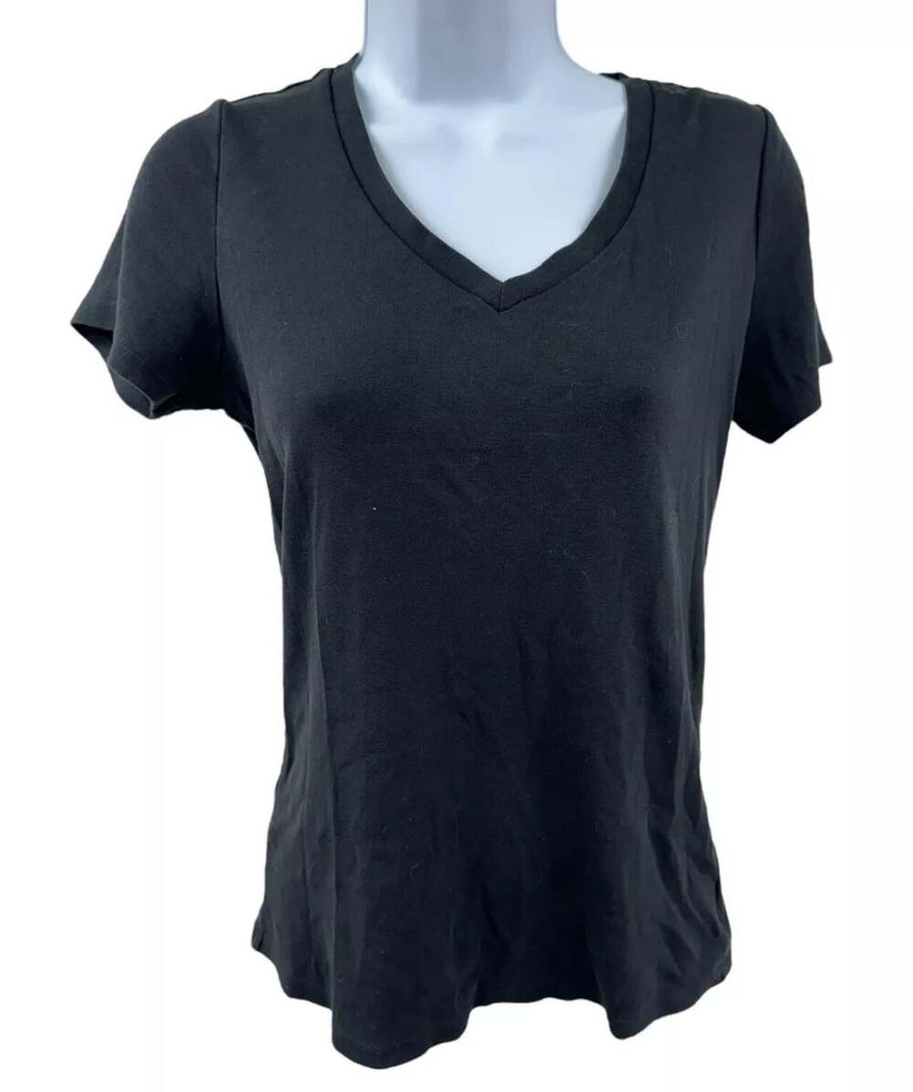 Eddie Bauer Womens V Neck Short Sleeve T Shirt Black Size Medium